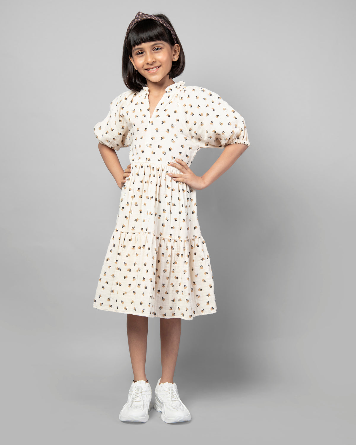 Off White Elbow Length Sleeve Floral Printed Girls Dress