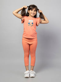 Peach Frill Sleeve Rose Embellished Embroidery Girls T-shirt