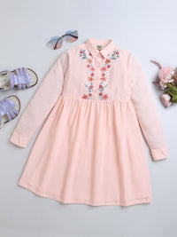 Peach Full Sleeve Collar Neck Embroidery Girls Dress