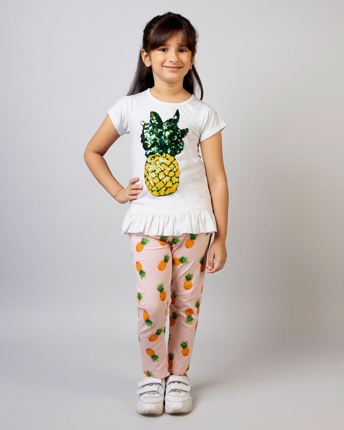 Girls White and Pink Half Sleeve Pineapple Co-ord Set