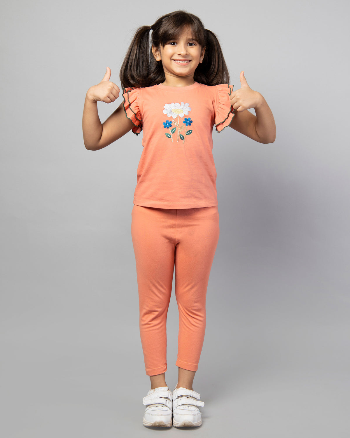 Girls Peach Frill Sleeve Rose Embroidered T-Shirt and Leggings Co-ord Set