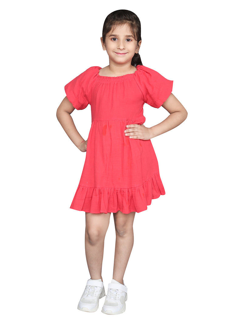 Red Poplin Summer Girls Dress with Puff Sleeves