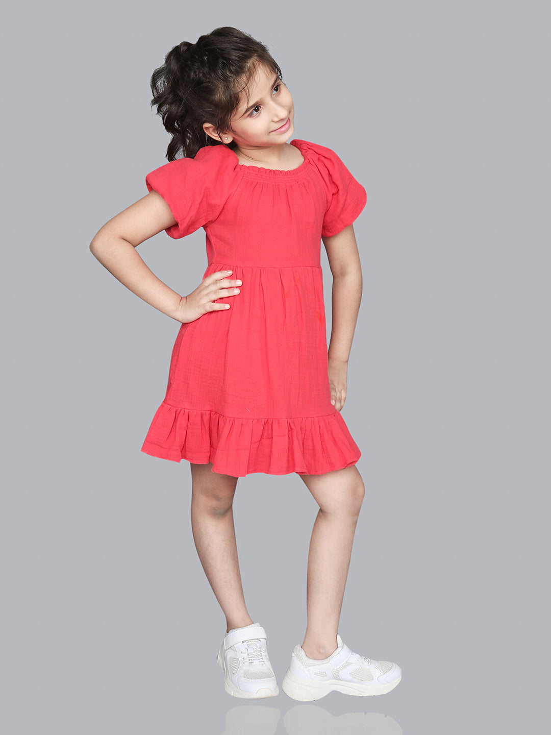 Red Poplin Summer Girls Dress with Puff Sleeves