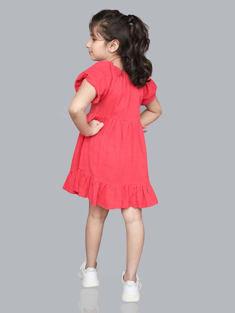 Red Poplin Summer Girls Dress with Puff Sleeves