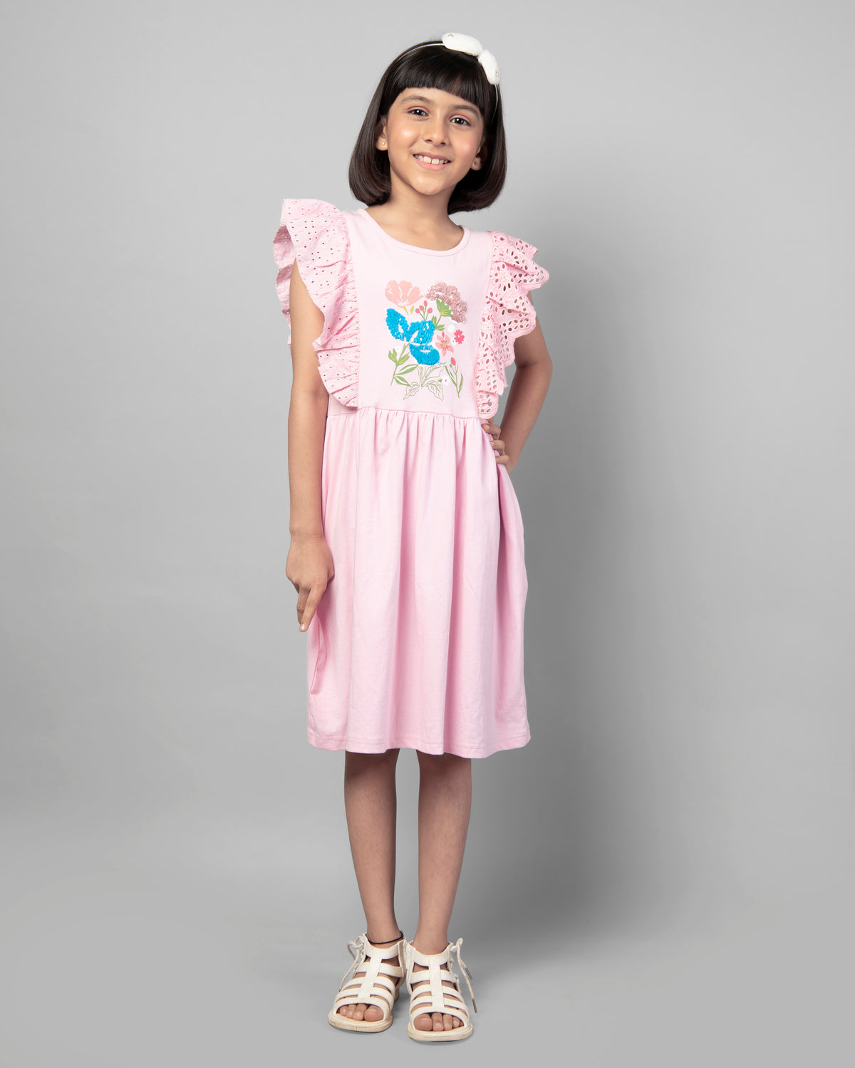 Pink Short Sleeve Floral Printed Flip Sequin Girls Dress