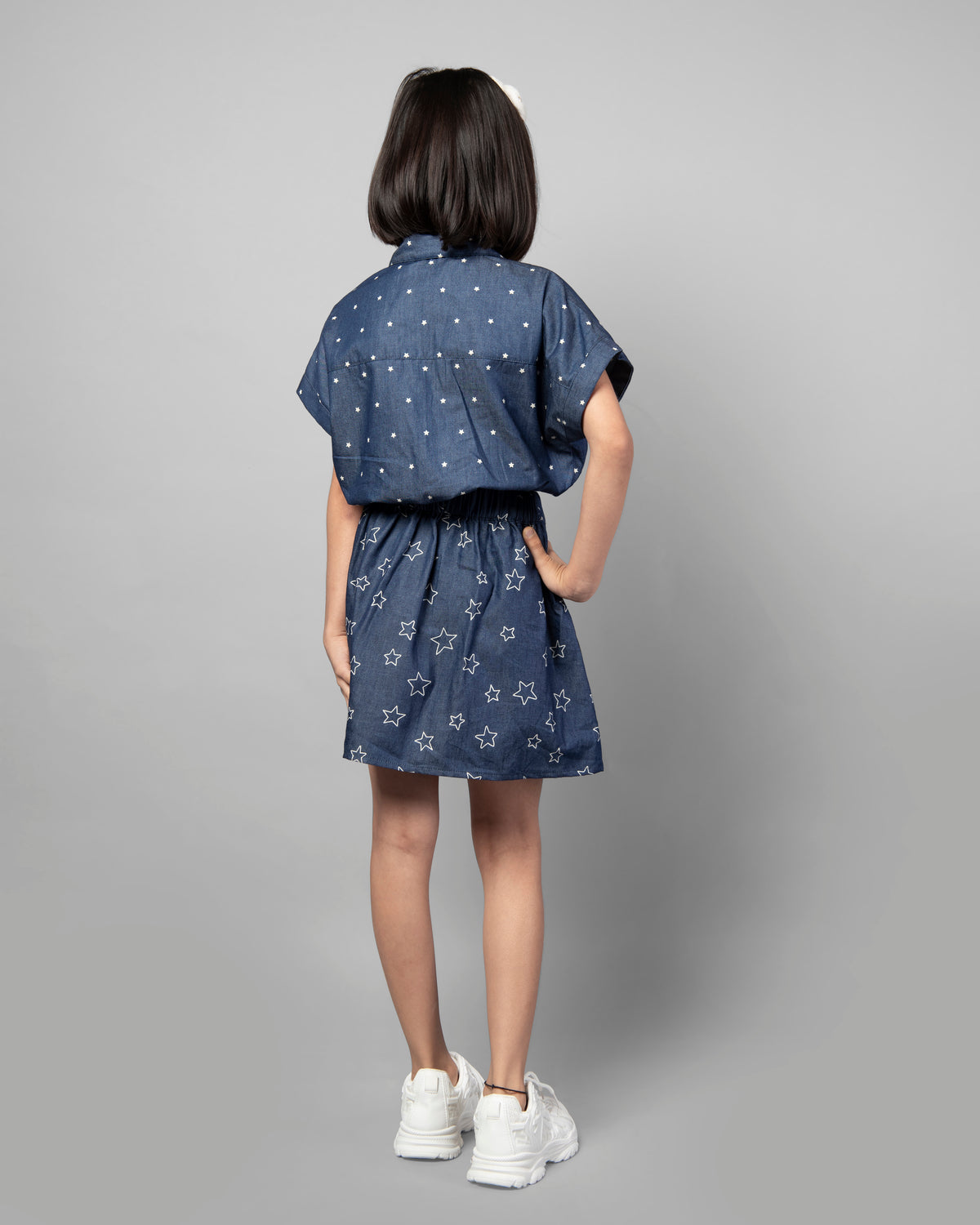 Blue Denim Half Sleeve Polka Dot Tie-Up Top and Skirt Co-ord Set