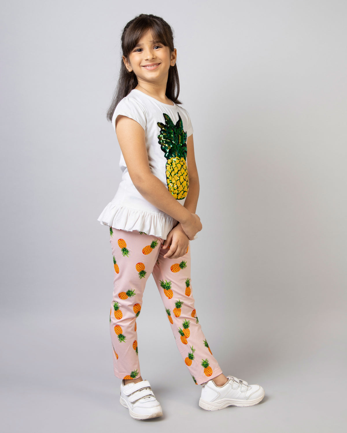 Girls White and Pink Half Sleeve Pineapple Co-ord Set