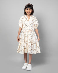 Off White Elbow Length Sleeve Floral Printed Girls Dress