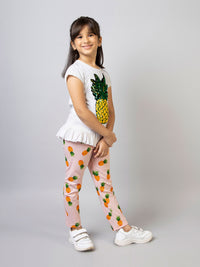 White Half Sleeve Pineapple Patch Cotton Girls T-shirt