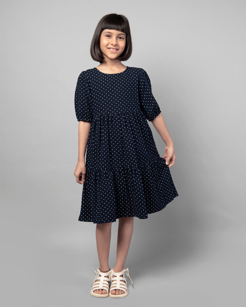 Polka Dot Navy Blue Cotton Summer Girls Dress