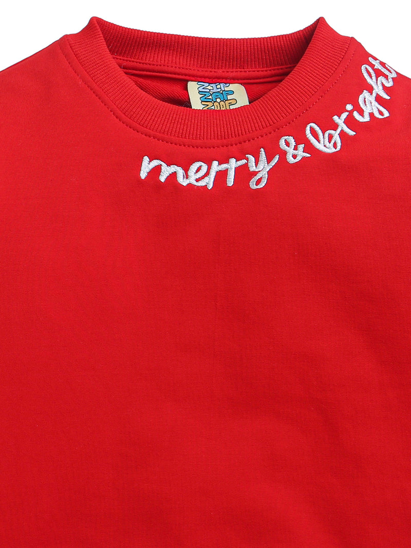 Red Merry & Bright Embroidery Full Sleeve Boys Tshirts Sweatshirt