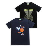 Pack of 2 Black-Game Over & Navy Blue-BasketBall FootBall Print Cotton T-shirt