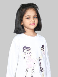 Girls Pink Full Sleeve Cotton Printed Fleece T-shirt