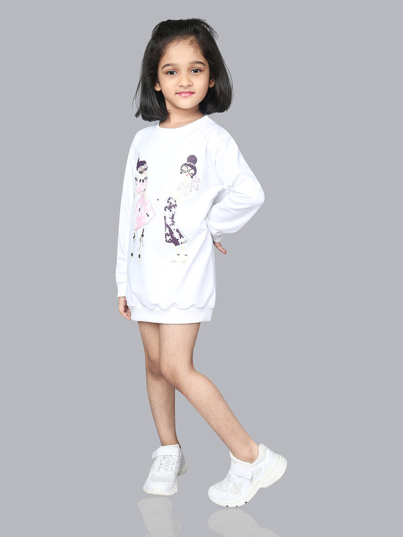 Girls Pink Full Sleeve Cotton Printed Fleece T-shirt