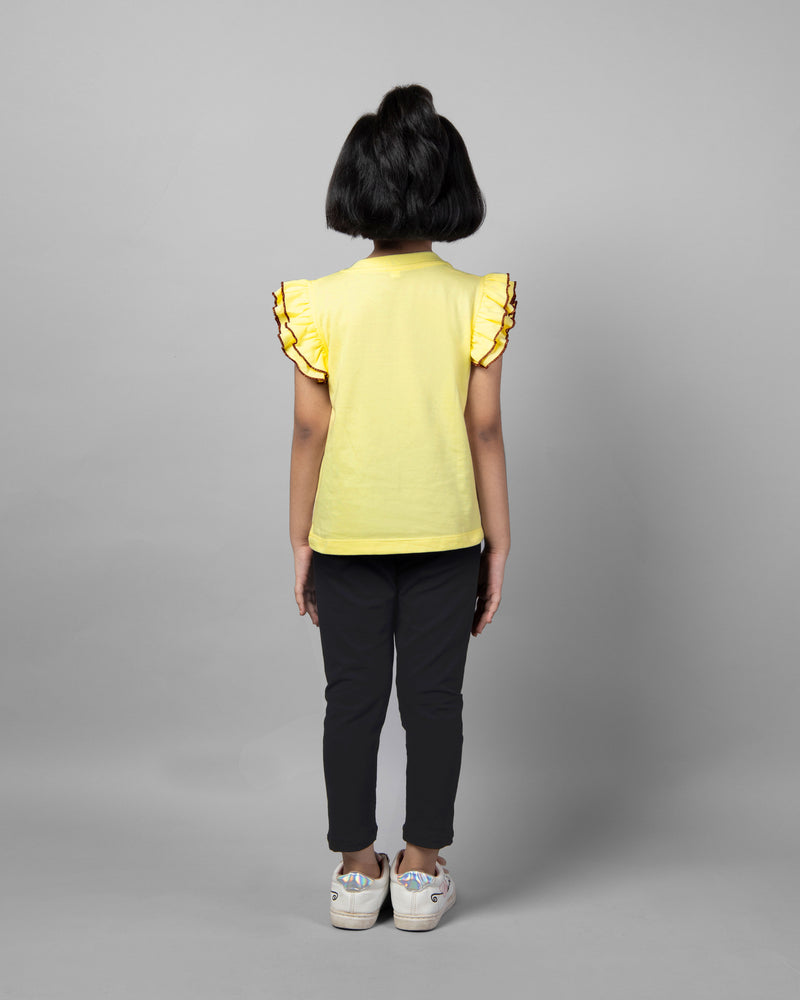 Yellow and Black Flower Mug Embroidery T-shirt & Legging Girls Co-ord sets