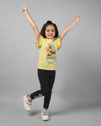 Yellow and Black Flower Mug Embroidery T-shirt & Legging Girls Co-ord sets