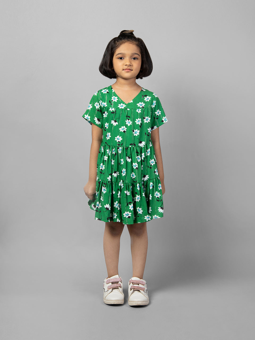 Green Half Sleeve Flower Printed Dress