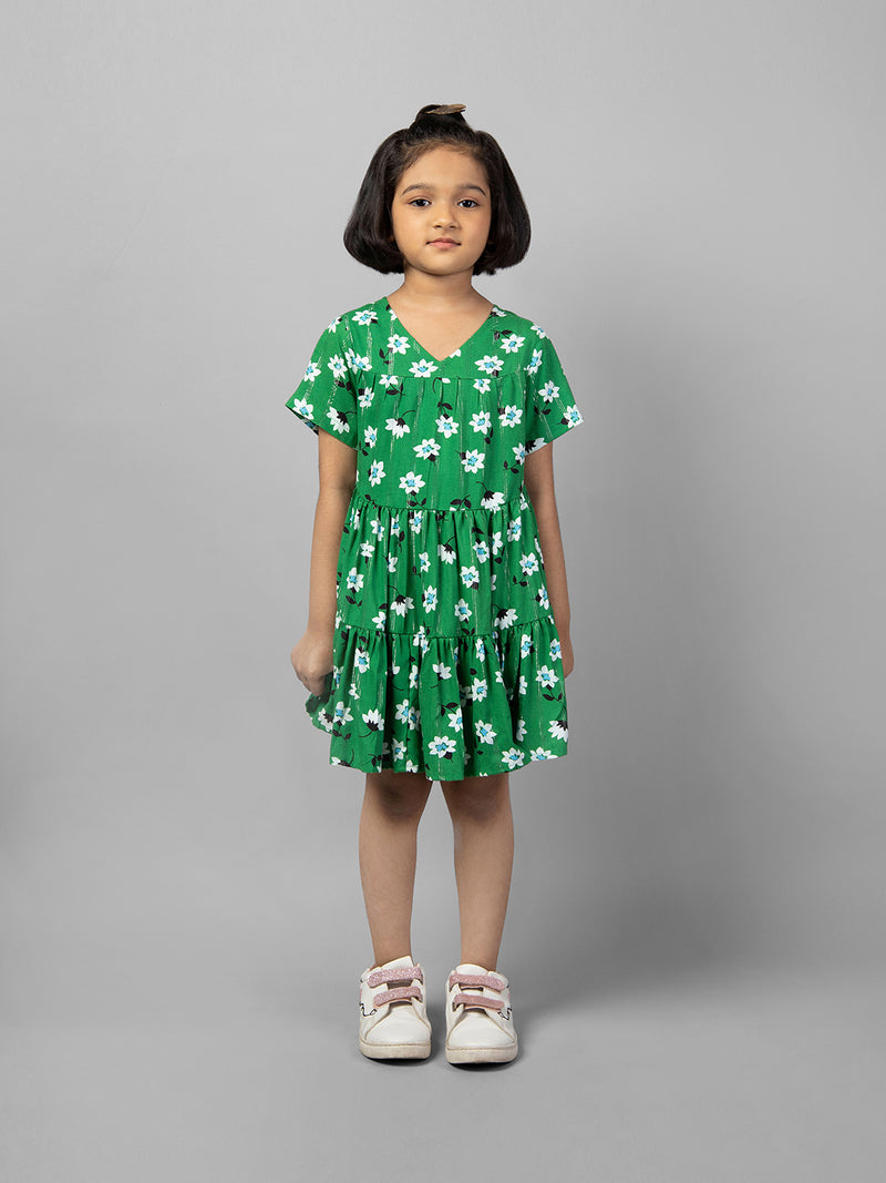 Green Half Sleeve Flower Printed Dress