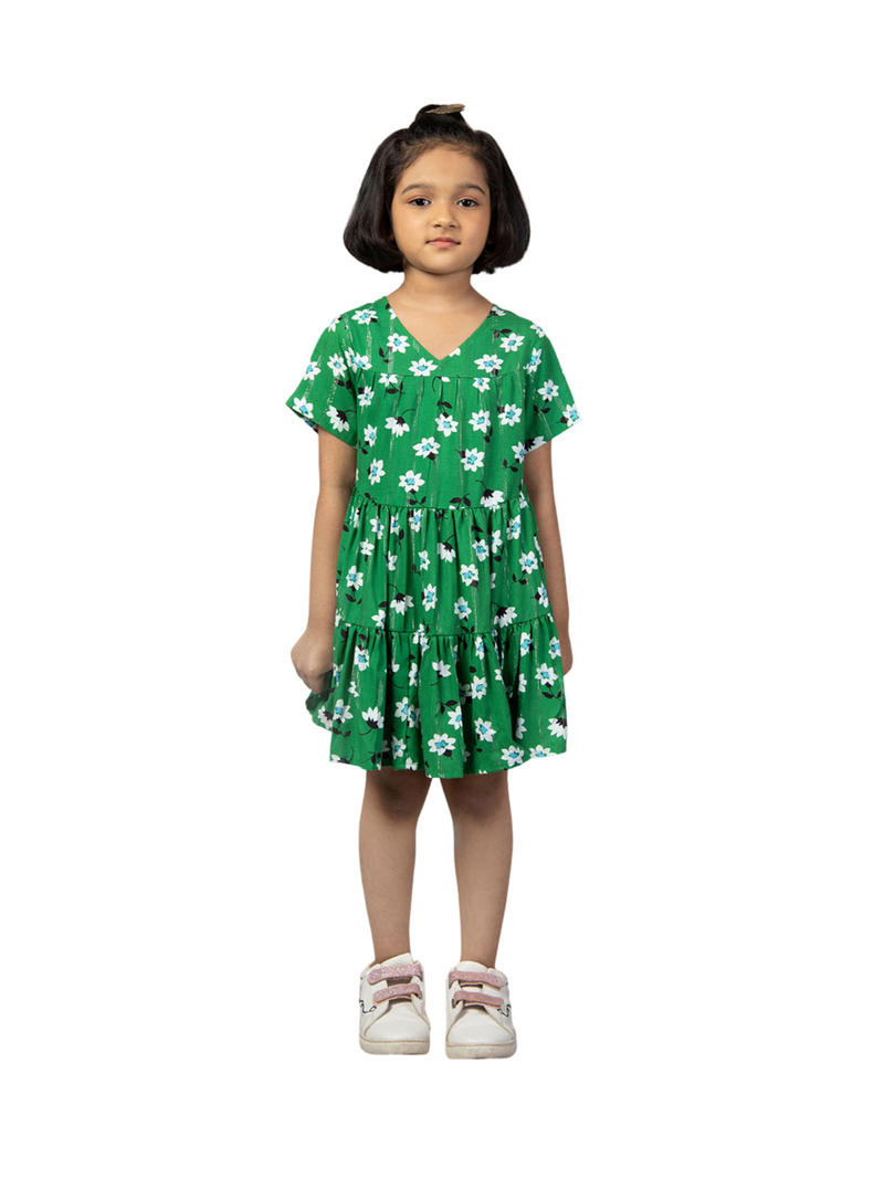 Green Half Sleeve Flower Printed Dress