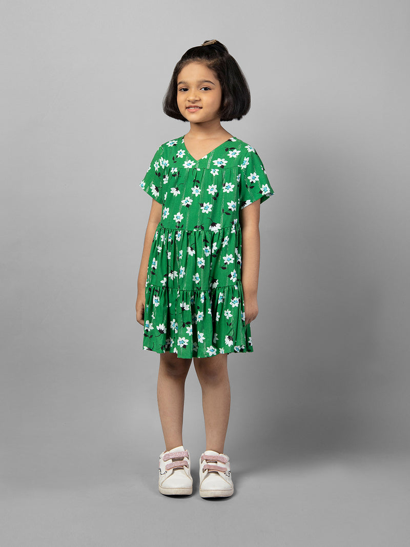 Green Half Sleeve Flower Printed Dress