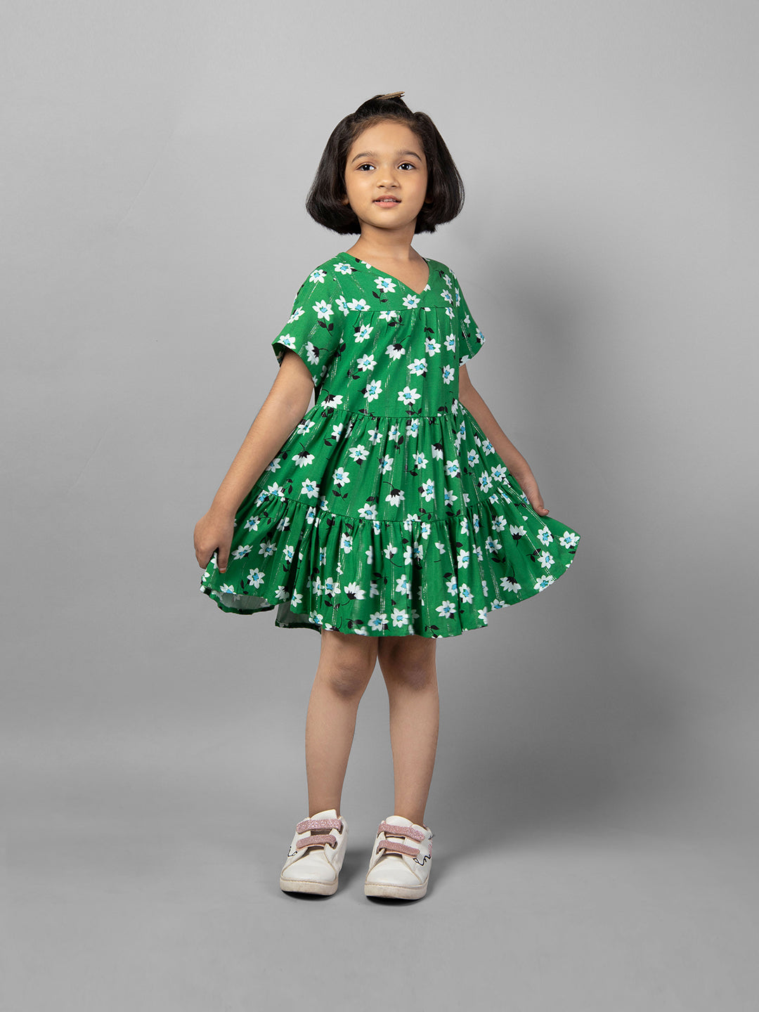 Green Half Sleeve Flower Printed Dress