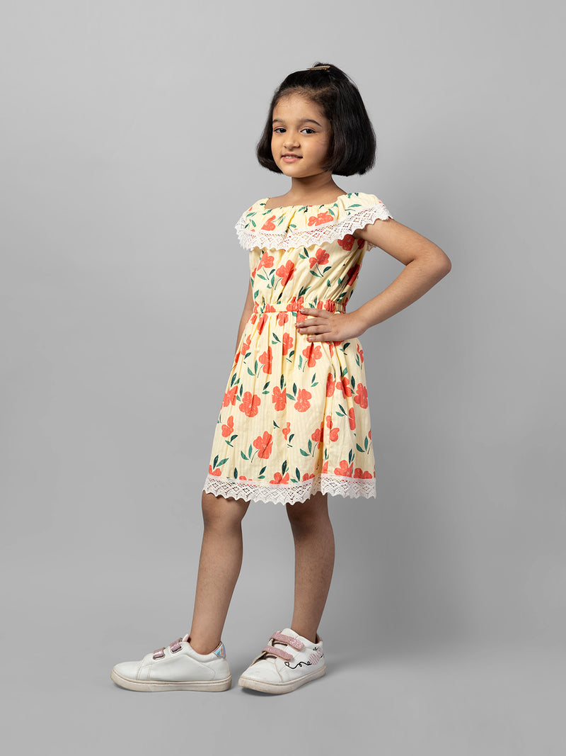 Yellow Sleeveless Printed Cotton Girls Dress