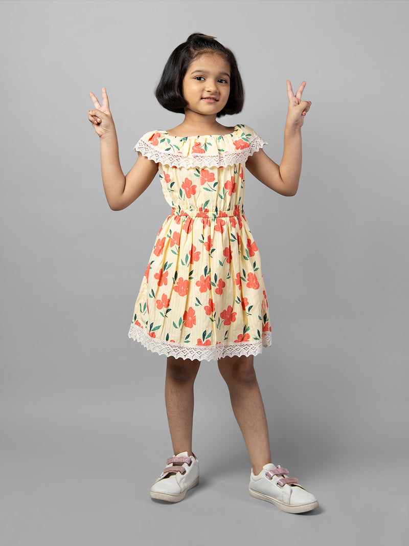 Yellow Sleeveless Printed Cotton Girls Dress