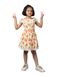 Yellow Sleeveless Printed Cotton Girls Dress