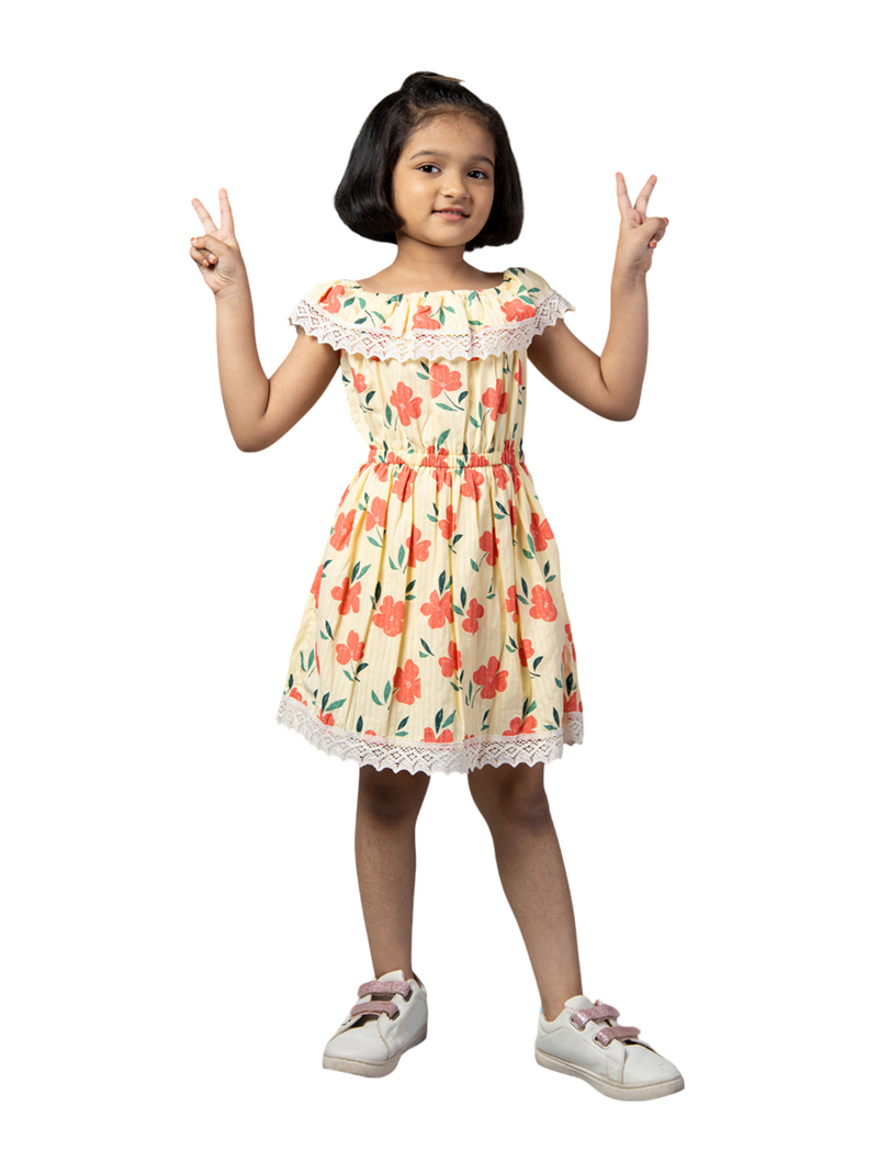 Yellow Sleeveless Printed Cotton Girls Dress