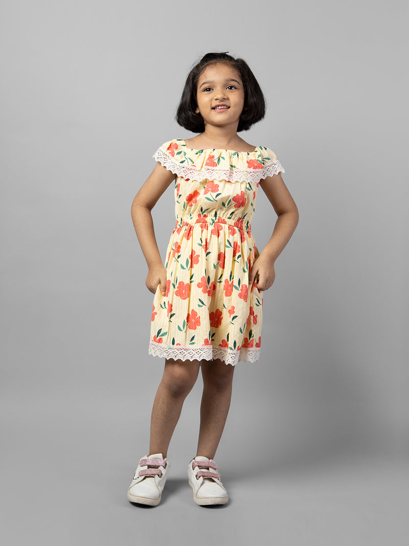 Yellow Sleeveless Printed Cotton Girls Dress