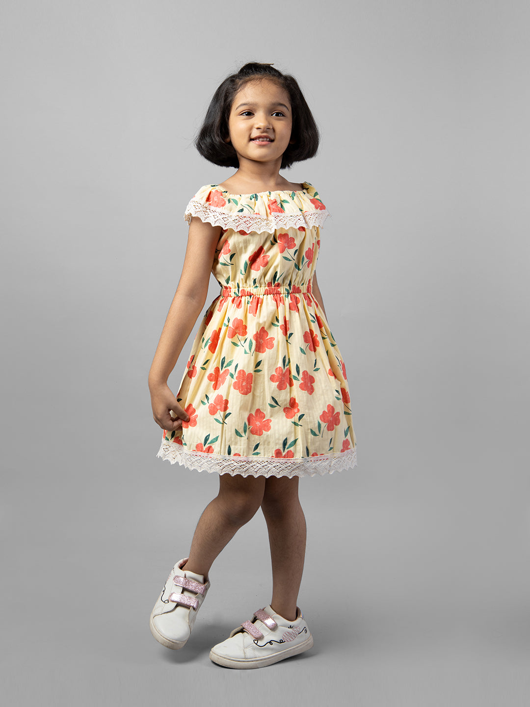 Yellow Sleeveless Printed Cotton Girls Dress