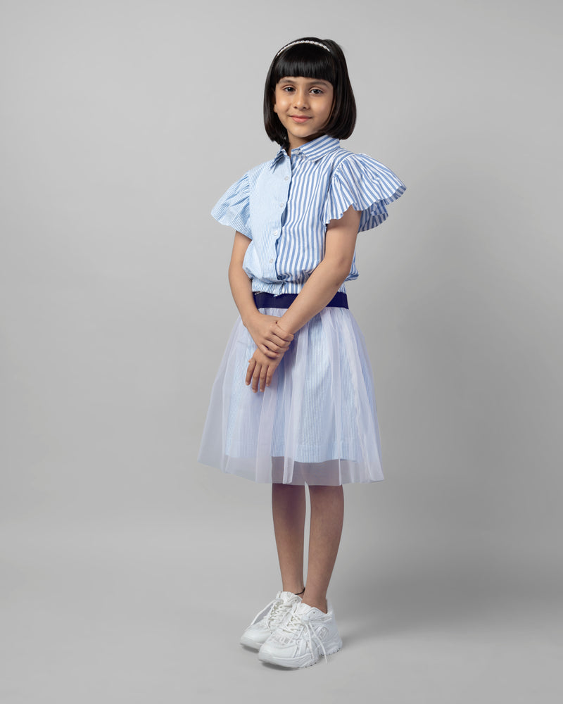 Sky Blue with White Lining Frill Sleeve Jumper Girls Dress