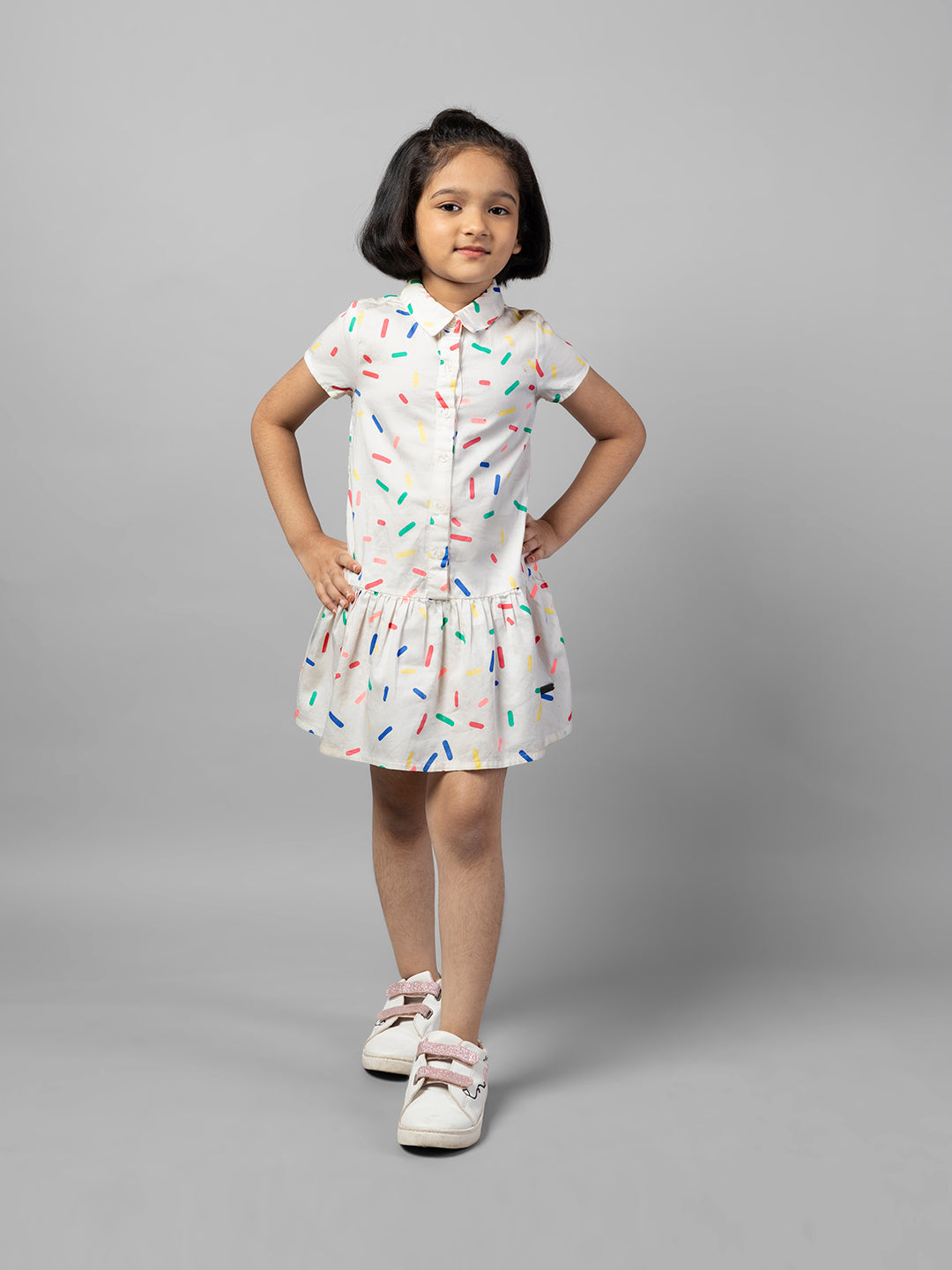 White Full Sleeve Casual Printed Girls Dress