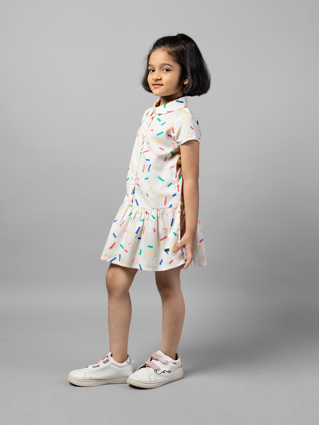 White Full Sleeve Casual Printed Girls Dress