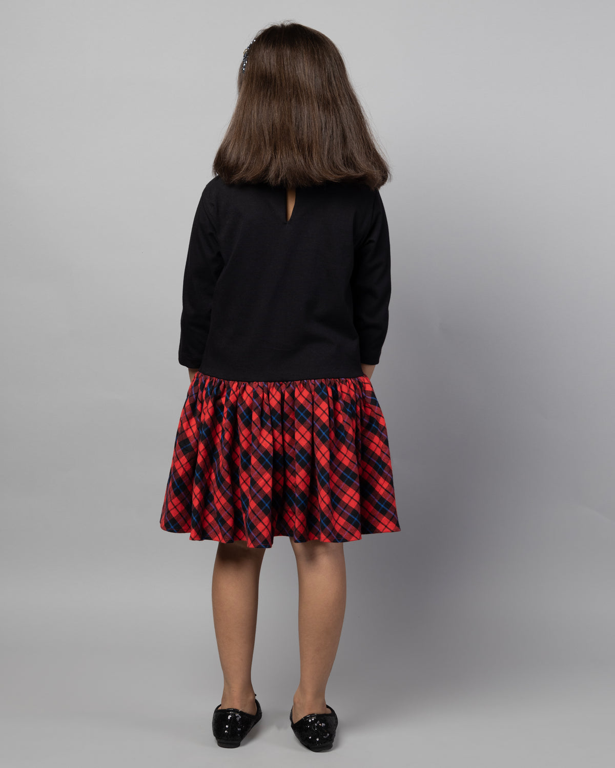 Black Cotton Dress with Red Checks Design