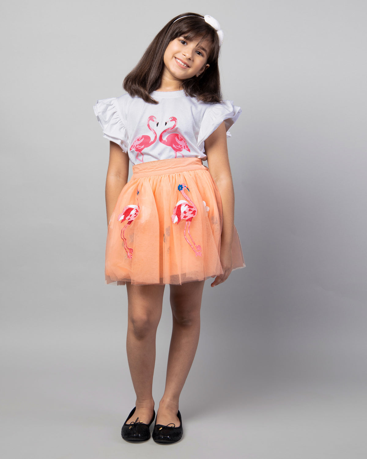 Girls White Printed T-Shirt and Orange flamingo Embroidery Skirt Co-Ord Set