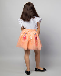 Girls White Printed T-Shirt and Orange flamingo Embroidery Skirt Co-Ord Set