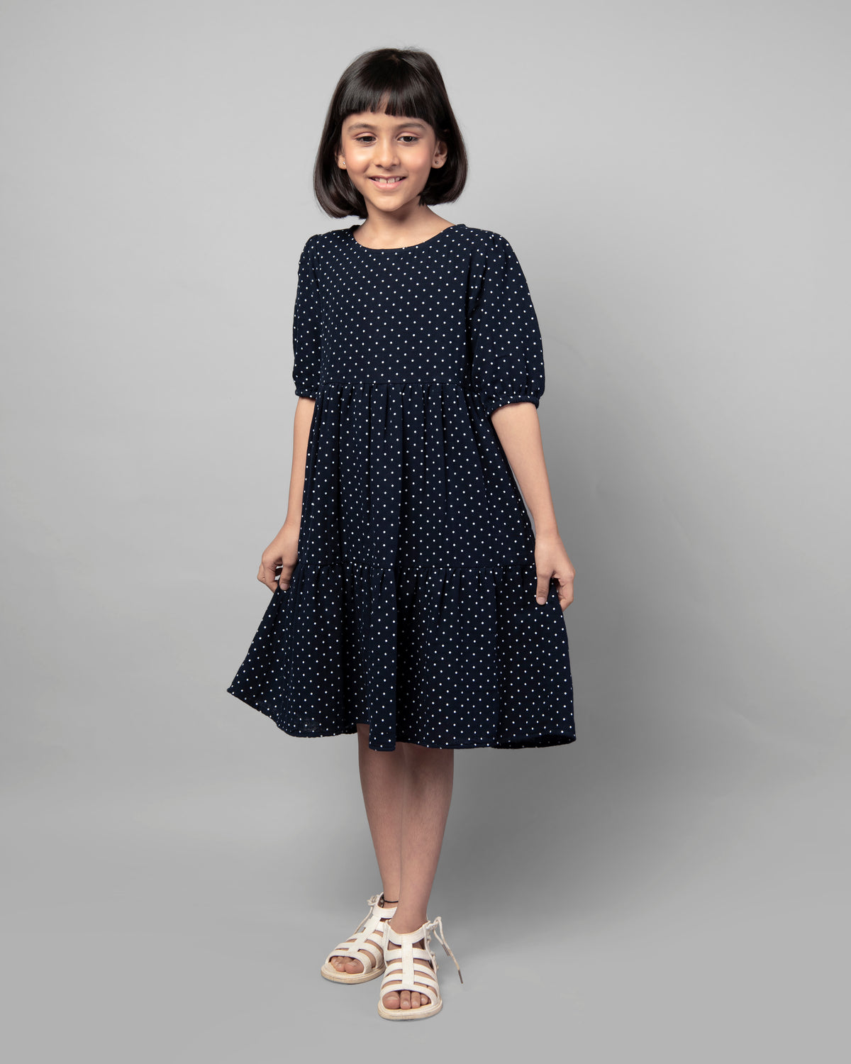 Polka Dot Navy Blue Cotton Summer Girls Dress