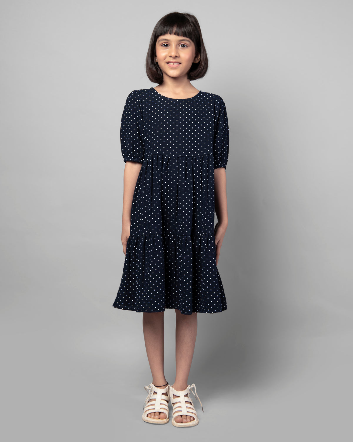 Polka Dot Navy Blue Cotton Summer Girls Dress