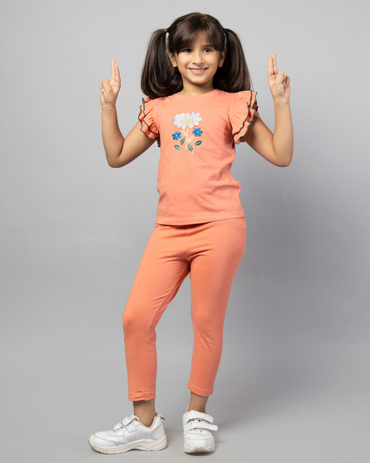 Girls Peach Frill Sleeve Rose Embroidered T-Shirt and Leggings Co-ord Set