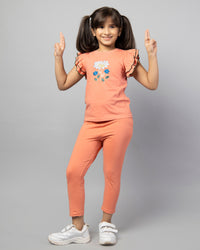 Girls Peach Frill Sleeve Rose Embroidered T-Shirt and Leggings Co-ord Set