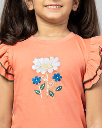 Girls Peach Frill Sleeve Rose Embroidered T-Shirt and Leggings Co-ord Set