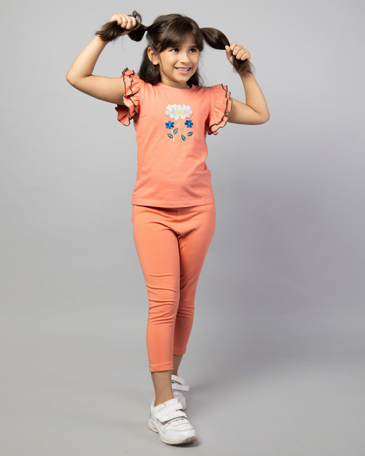 Girls Peach Frill Sleeve Rose Embroidered T-Shirt and Leggings Co-ord Set