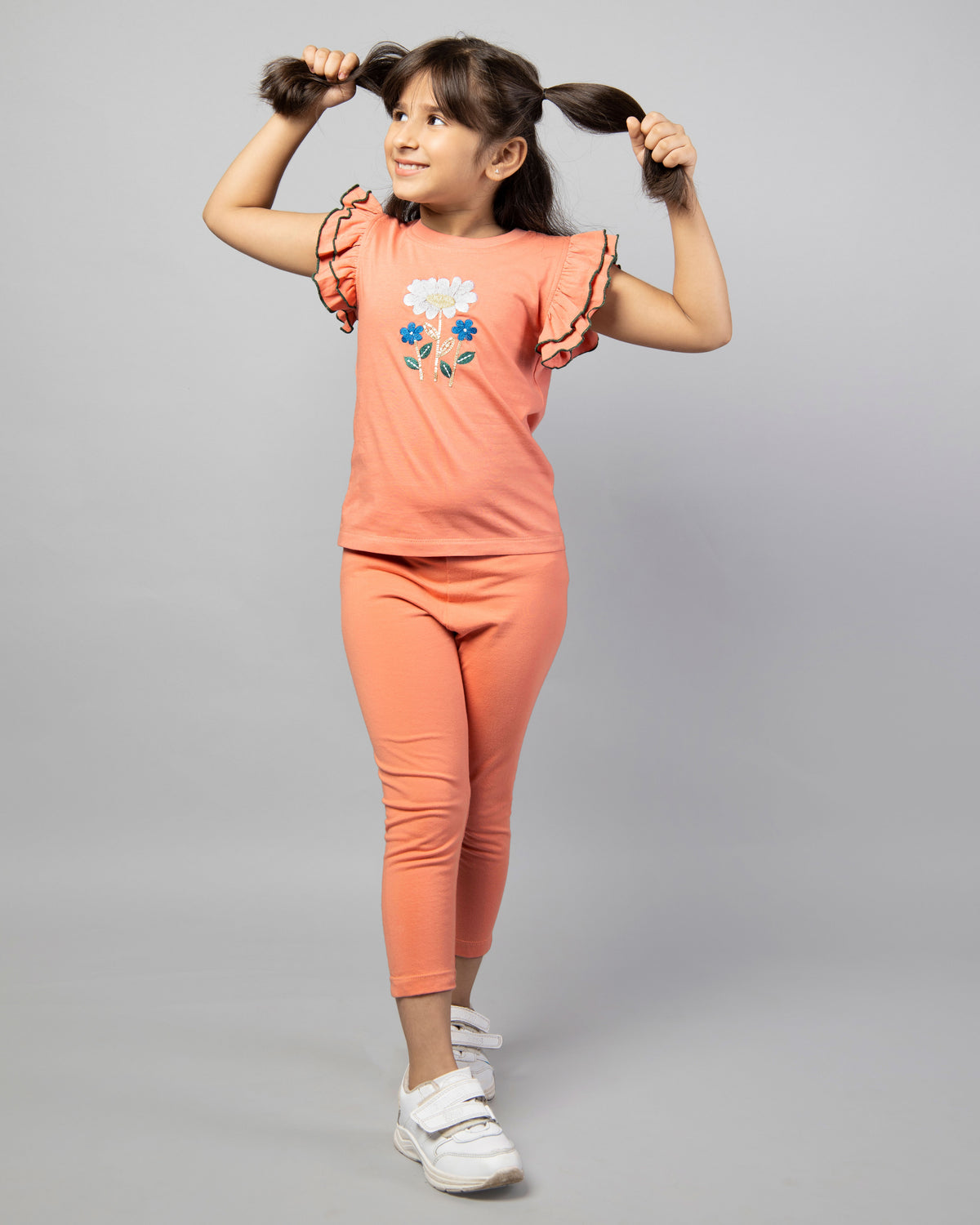 Girls Peach Frill Sleeve Rose Embroidered T-Shirt and Leggings Co-ord Set