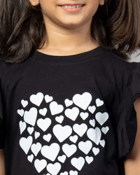 White and Black Frill Sleeve Heart Print T-Shirt and Leggings Co-ord Set