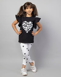 White and Black Frill Sleeve Heart Print T-Shirt and Leggings Co-ord Set