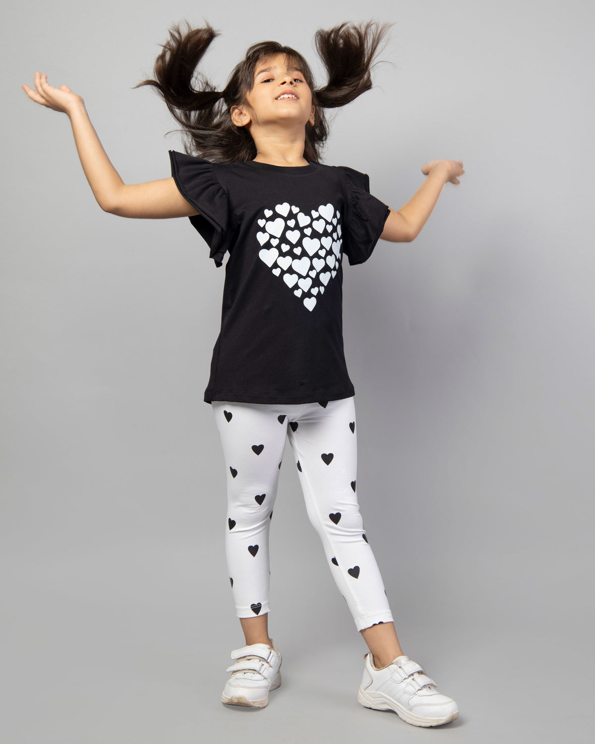 White and Black Frill Sleeve Heart Print T-Shirt and Leggings Co-ord Set