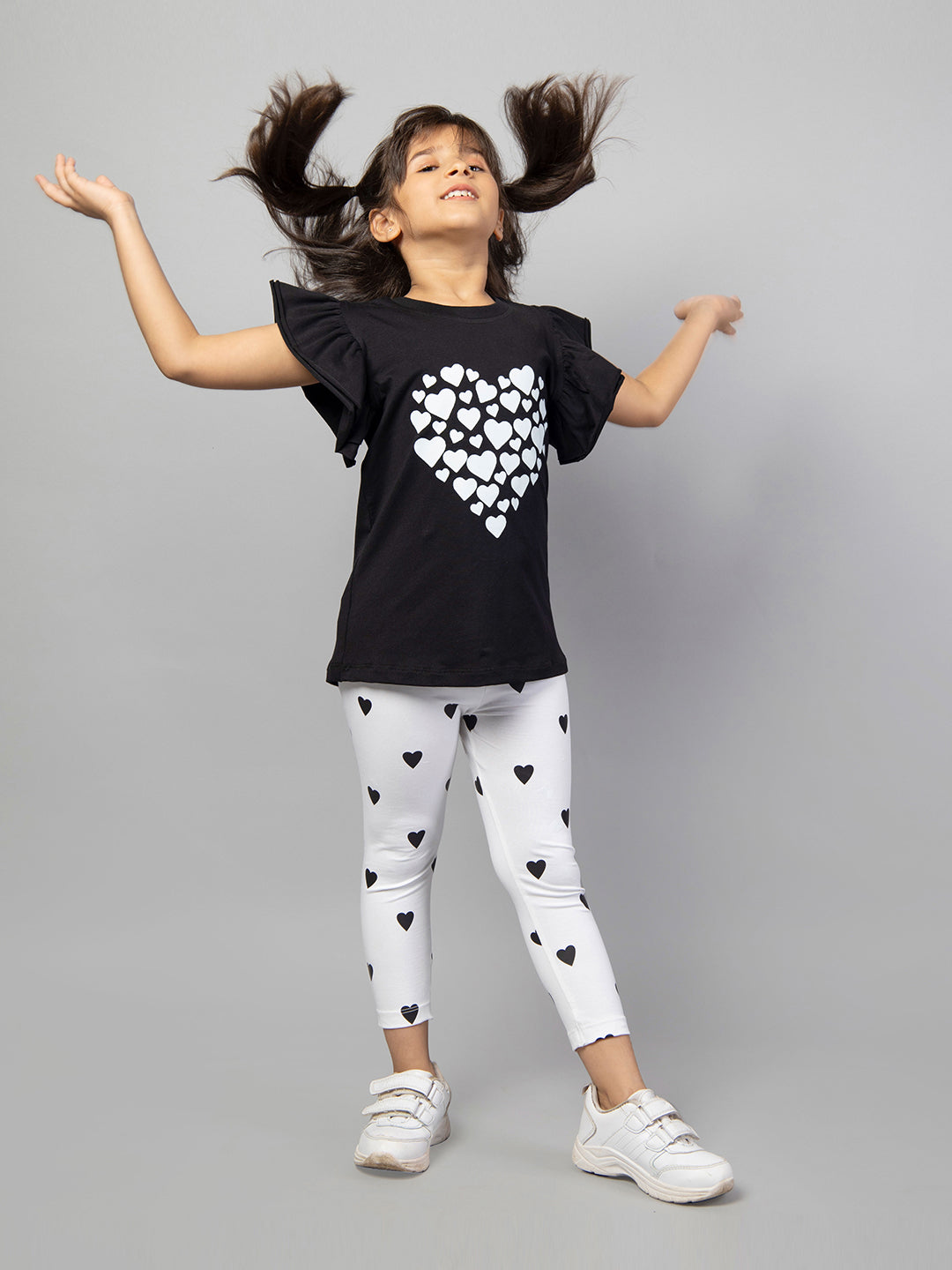 Black Frill Sleeve White Heart Print Cotton T-shirt