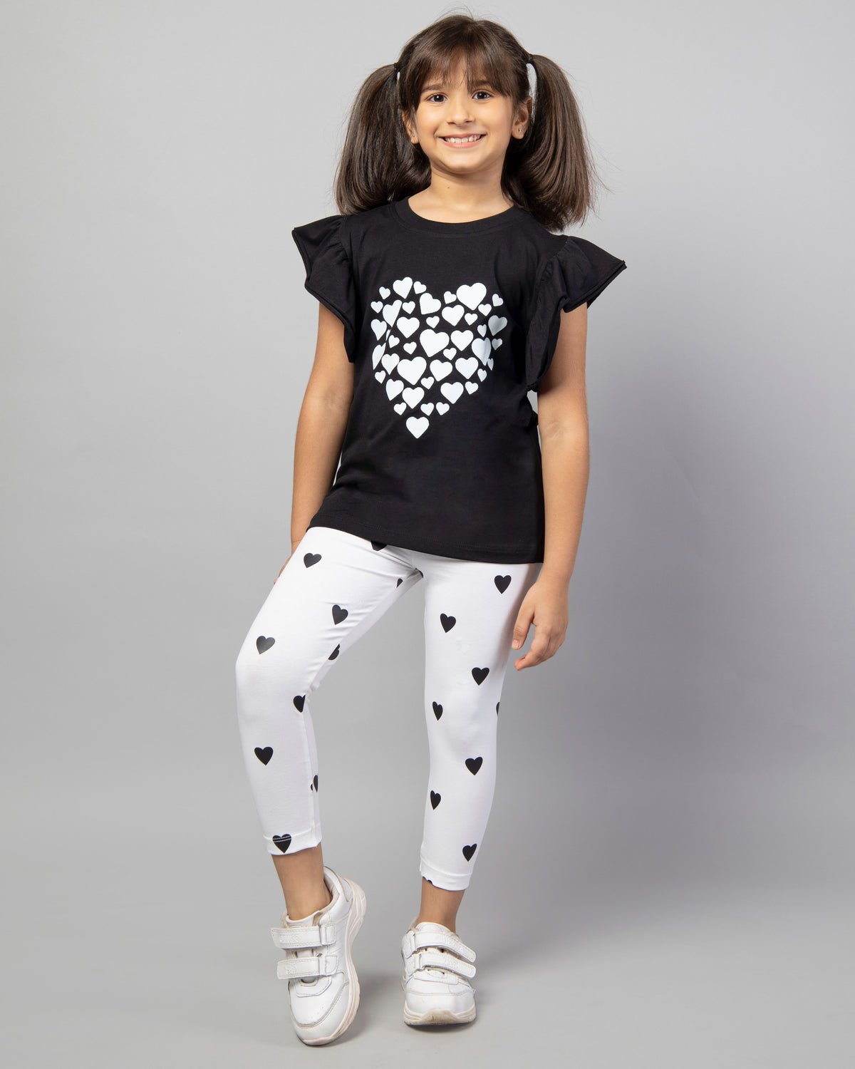 White and Black Frill Sleeve Heart Print T-Shirt and Leggings Co-ord Set