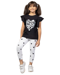 White and Black Frill Sleeve Heart Print T-Shirt and Leggings Co-ord Set